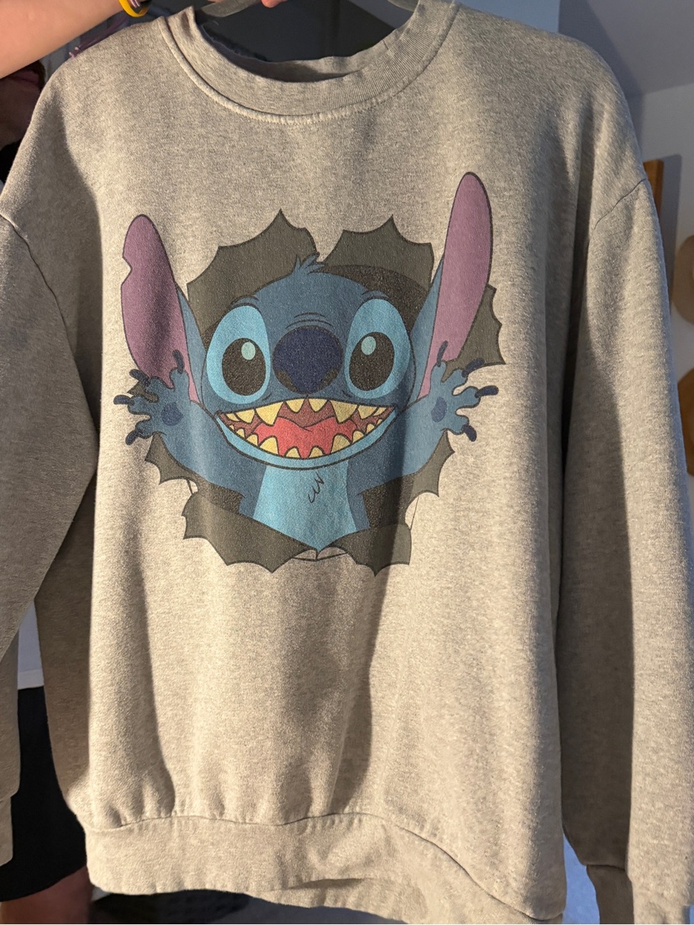 Disney Gray Sweatshirt with Blue Stitch Graphic and Pink Ear Accents